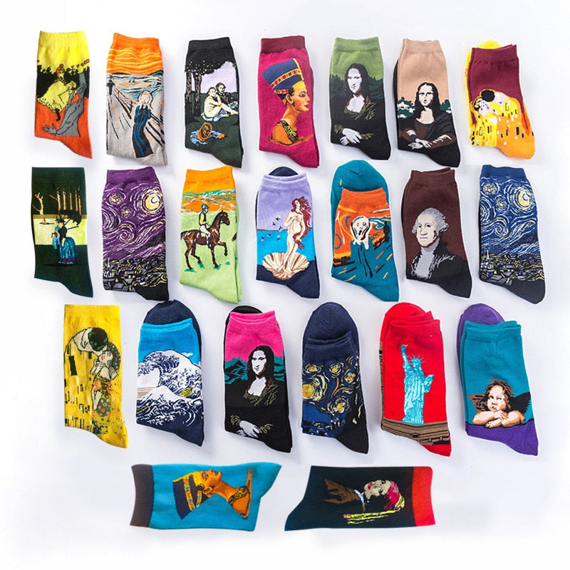 Harajuku Hip Hop Socks Men Solid Cotton Women Oil Painting Mona Lisa Socks Hipster Van Gogh Art Sox Crazy Long Cool Funny Socks