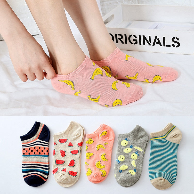 Colorful fruit Invisible Short Woman Sweat summer comfortable cotton girl women's boat socks ankle low female 1pair=2pcs