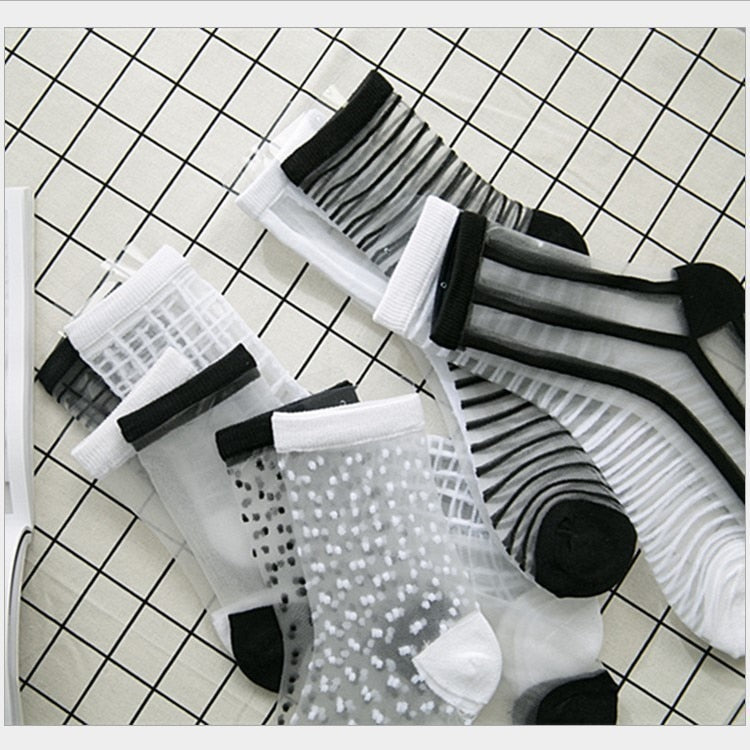 Hipster Harajuku Ankle Socks Women Fashion Transparent Stripe Short  Female Summer Women's Socks Summer 2019 Black White Socks